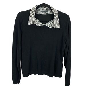 Adriana Papell Black Houndstooth Collar Viscose Blend Sweater Large